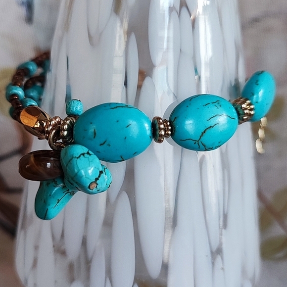 Howlite Faux Turquoise Color Veining Brown Copper Seed Beads Bracelet Anklet - Picture 1 of 9